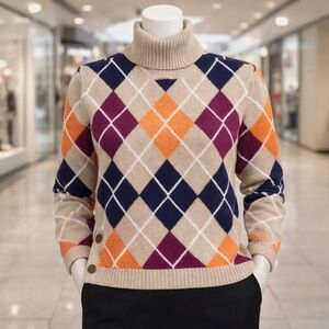 Vintage St. John's Bay women argyle Chunky Knit Turtleneck Cowl Sweater Mall Med